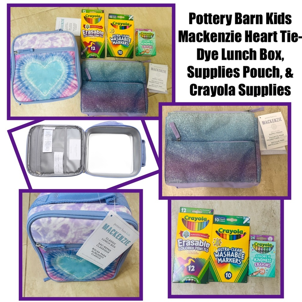 Pottery Barn Kids Mackenzie Heart Tie-Dye Lunch Box, Supplies Pouch, & Crayola